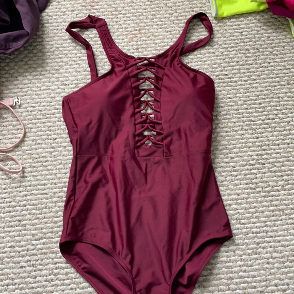 Maroon one piece swim suit